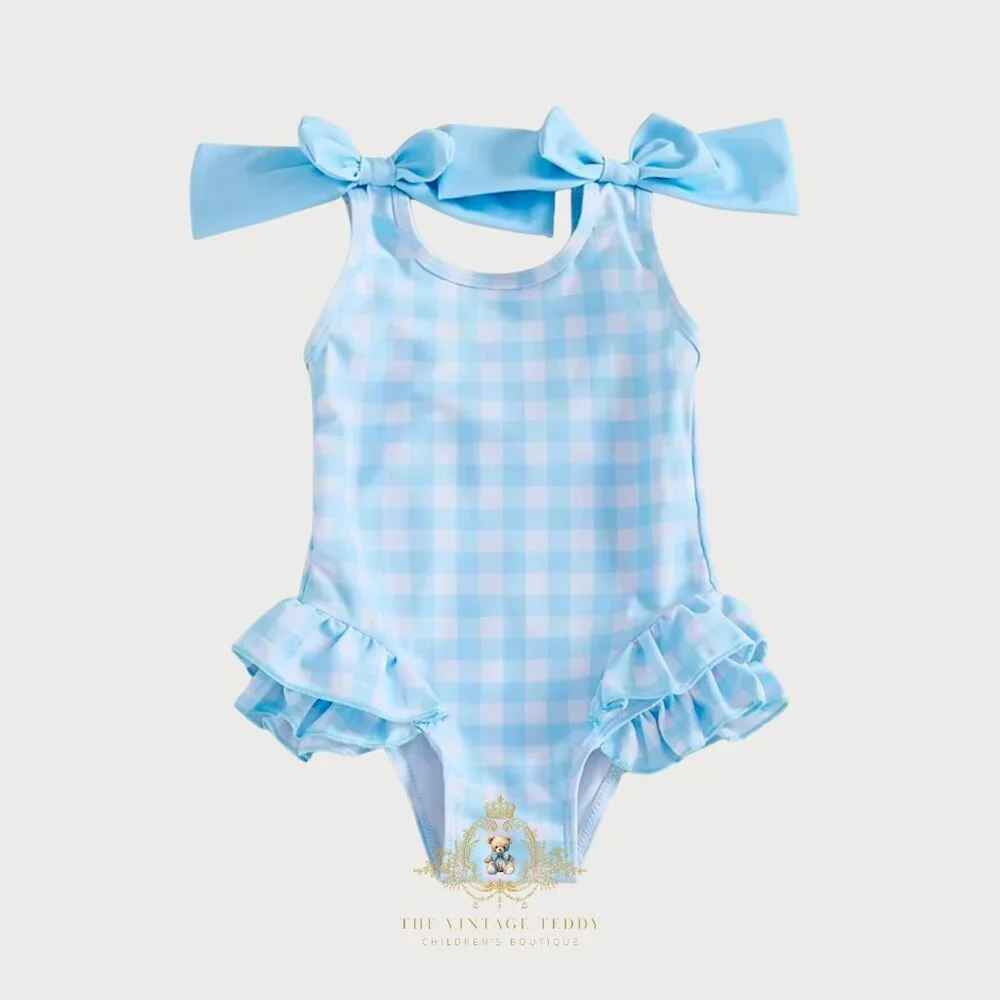 NWT Pretty Girls One-Piece Swimsuit Kids Swimwear Gingham Blue & White 3-4T
